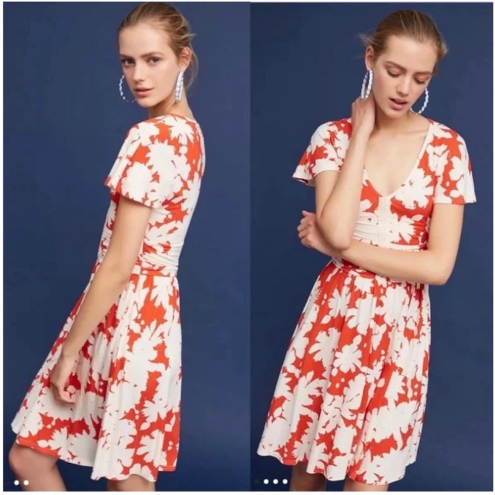 MAEVE Anthropologie Summer Breeze Dress S Orange/White Ruched Waist